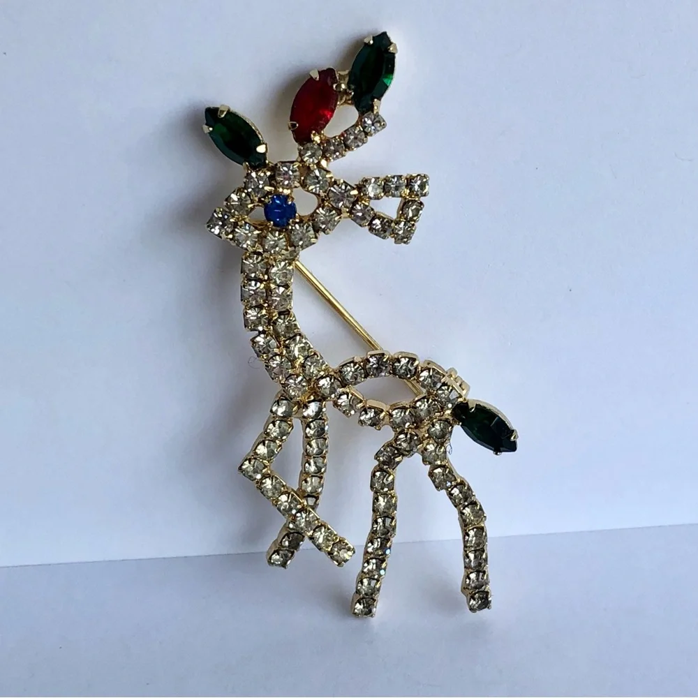 Vintage Rhinestone Reindeer Brooch Pin gold tone Rudolph